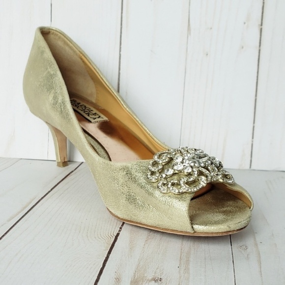 Badgley Mischka Low Heel Bejeweled Leather Heels - Picture 1 of 7